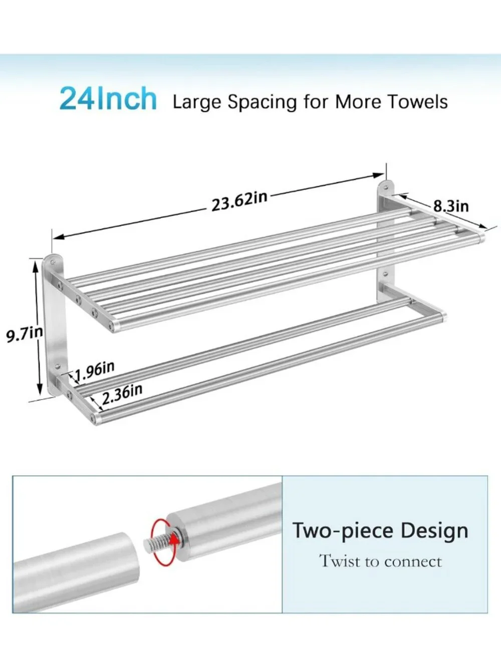 24-Inch Wall-Mounted Towel Rack - Stainless Steel 2-Tier Bath Towel Holder